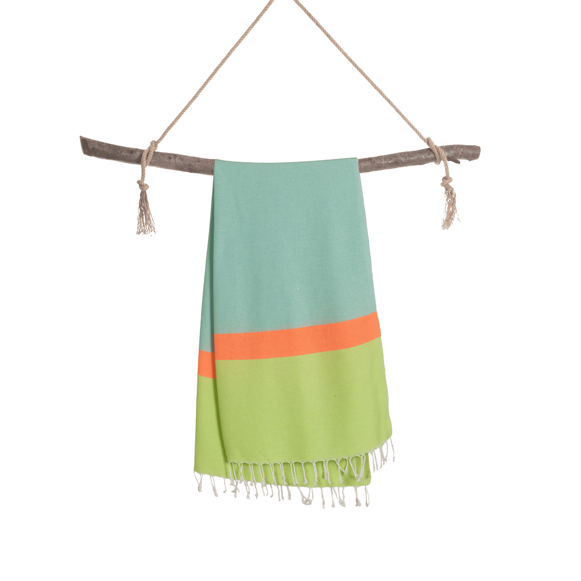 Sac serviette de plage vert d’eau et vert, rayure corail, franges, anses suspendues