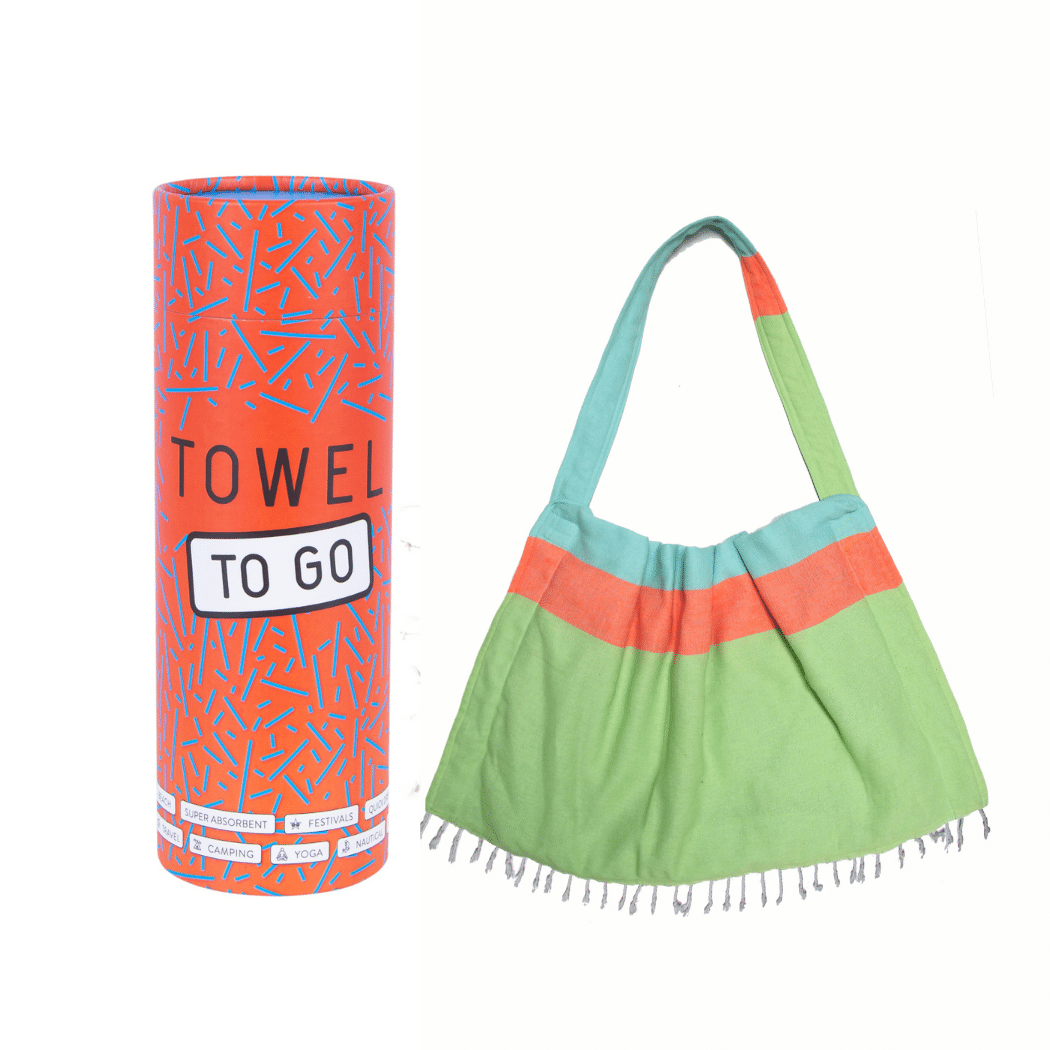 Coffret cadeau cylindrique “TOWEL TO GO”, emballage vert bleu à motifs
