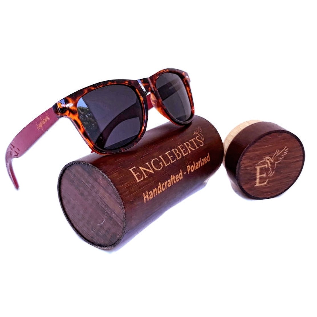 Lunettes de soleil Engleberts monture écaille rouge, verres foncés, étui bois