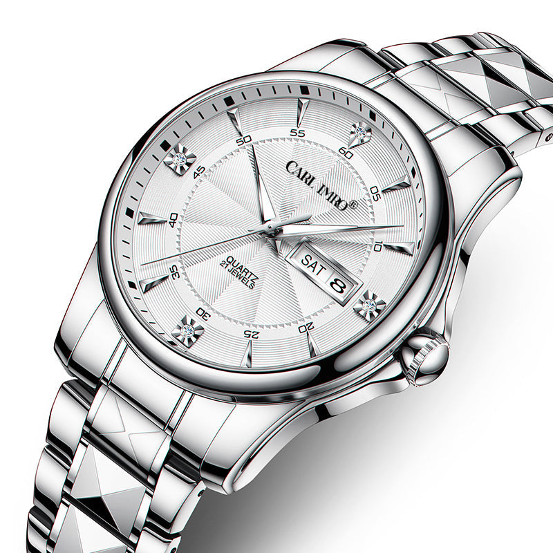 Montre-bracelet ronde en acier, cadran argenté avec fenêtre de date et index.