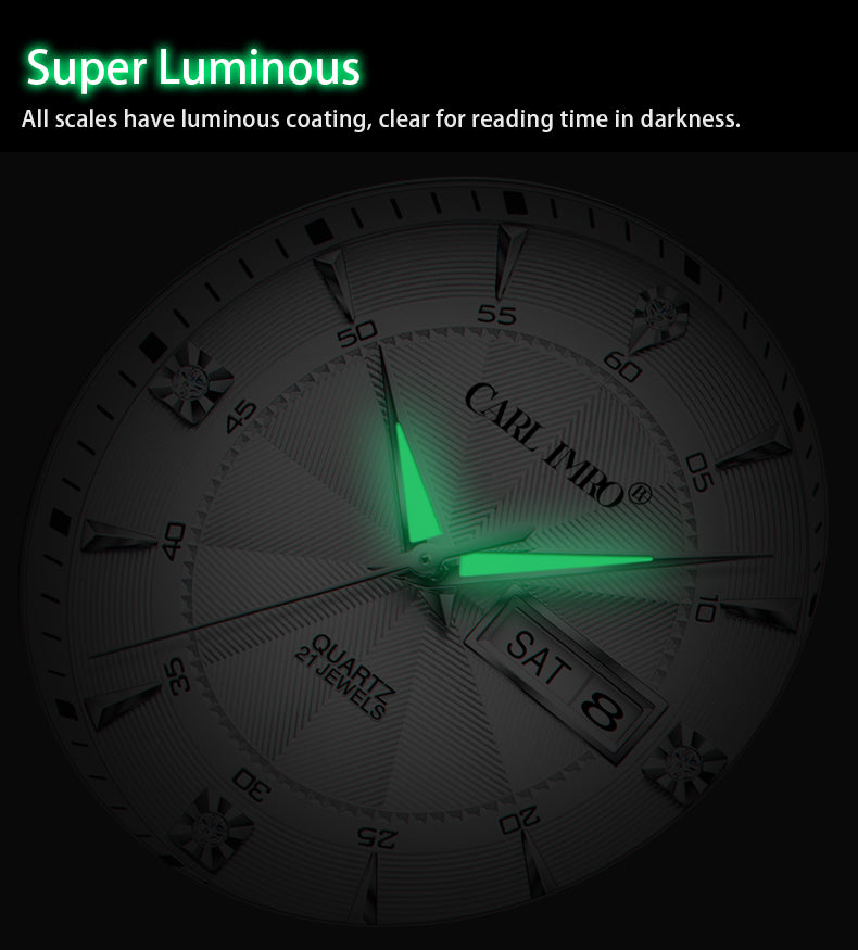 Montre-bracelet à cadran sombre, aiguilles vertes lumineuses et date à 3h