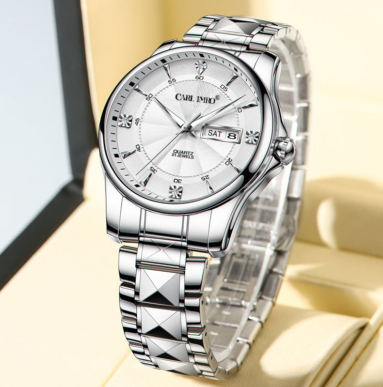 Montre-bracelet acier argenté, cadran blanc, vue de côté du boîtier