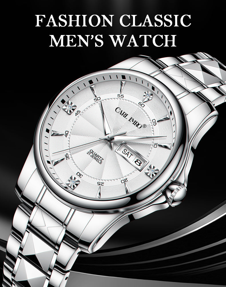 Montre-bracelet homme cadran argenté avec fenêtre de date, bracelet acier à maillons.