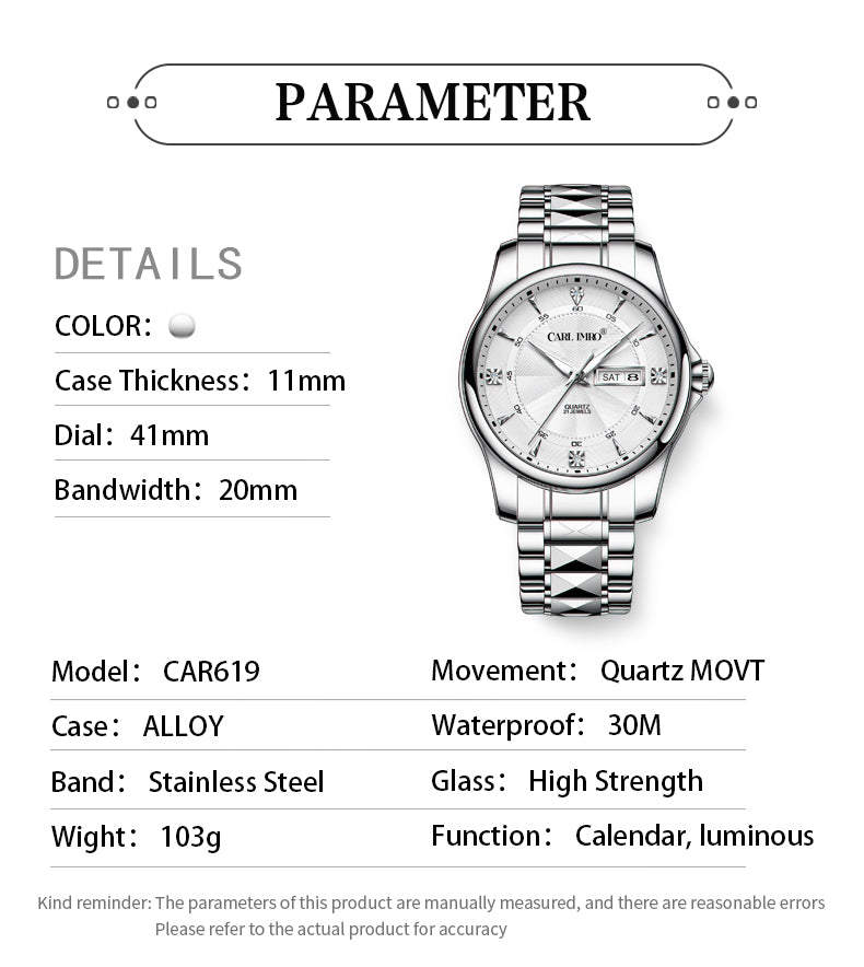Montre-bracelet ronde en acier, cadran argenté avec fenêtre de date et index.