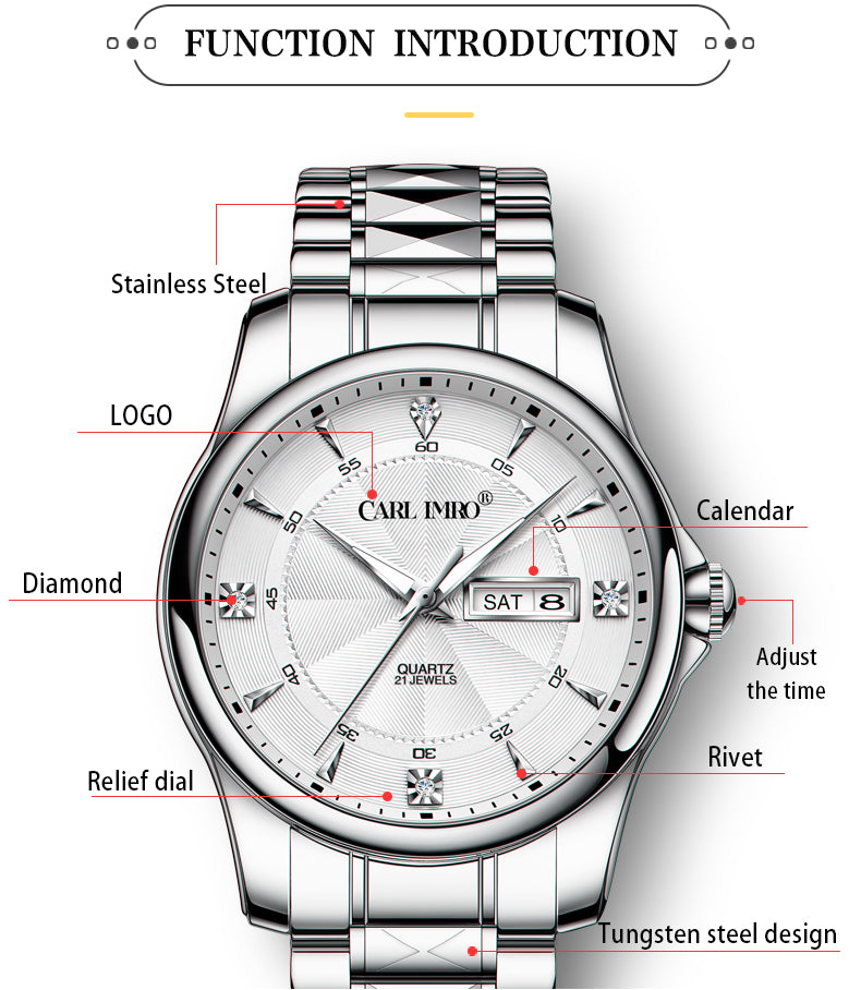 Montre-bracelet homme cadran argenté, bracelet acier à maillons, fenêtre de date à 8h.