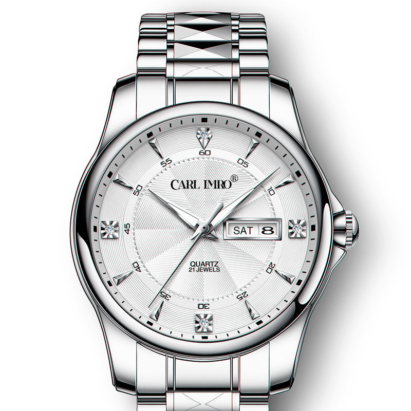 Montre-bracelet acier argenté, cadran blanc strié, date à 3h
