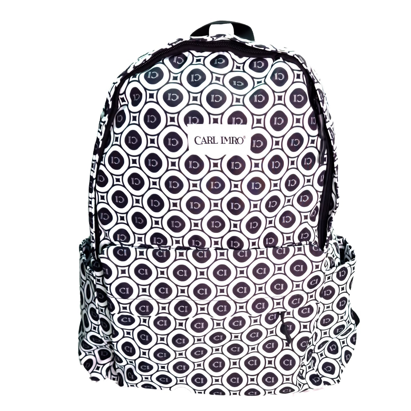 Sac à dos CRLi noir et blanc à monogramme, poche avant et poignée de transport.