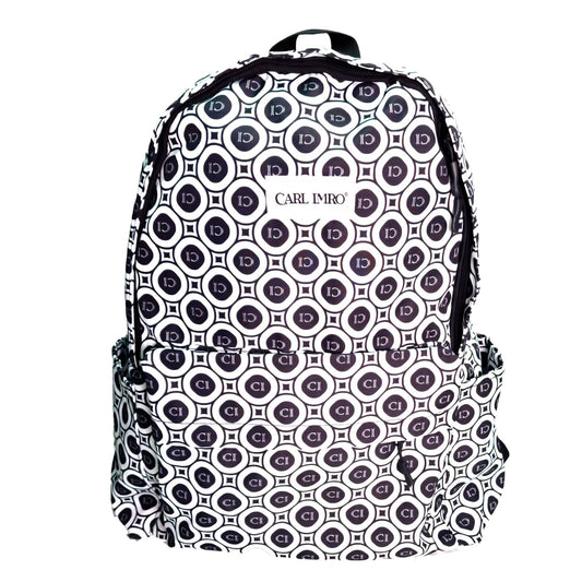 Sac à dos CRLi noir et blanc à monogramme, poche avant et poignée de transport.