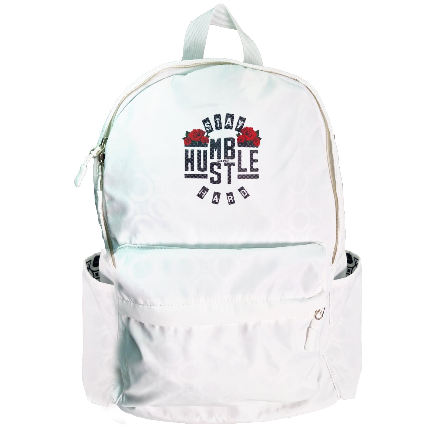 Sac à dos imperméable blanc avec logo « Hustle Hard » sur le devant