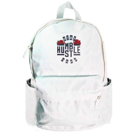 Sac à dos imperméable blanc avec logo « Hustle Hard » sur le devant