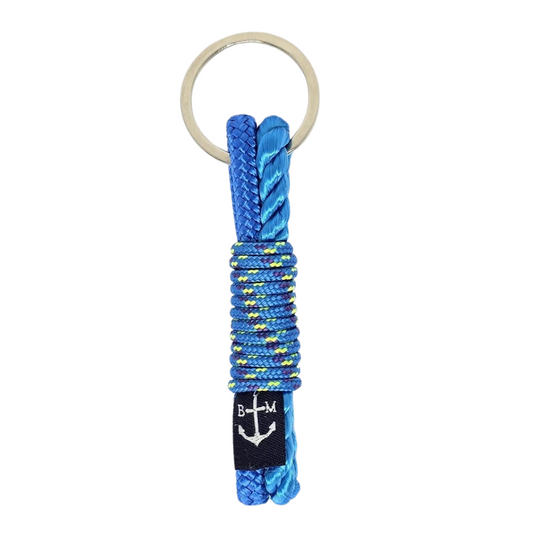 Porte-clés à anneau en métal, corde nautique tressée bleue avec accents jaunes et ancre