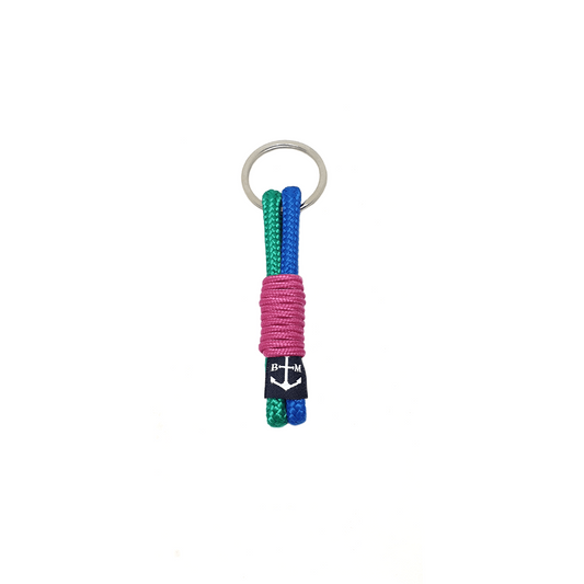 Porte-clés en corde tressée vert, bleu et rose avec anneau métallique.