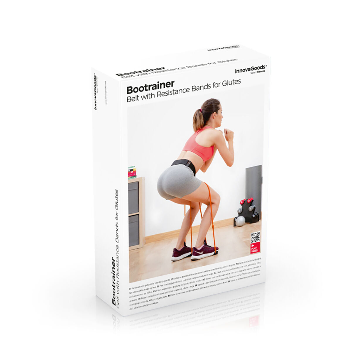 Boîte du Bootrainer : ceinture avec bandes de résistance élastiques, vue en 3/4.
