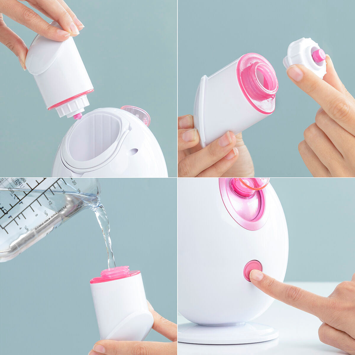 Sauna facial électrique: réservoir d’eau, embout rose, remplissage et mise en place