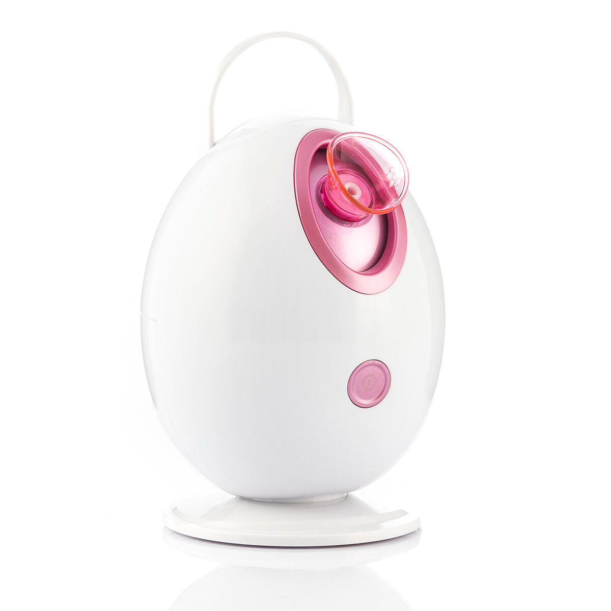 Sauna facial électrique blanc, buse rose sur le dessus, bouton rond rose