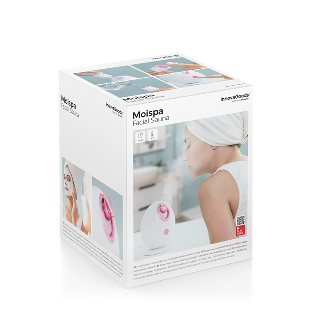 Boîte du sauna facial Moispa, côté avec visuel de l’appareil