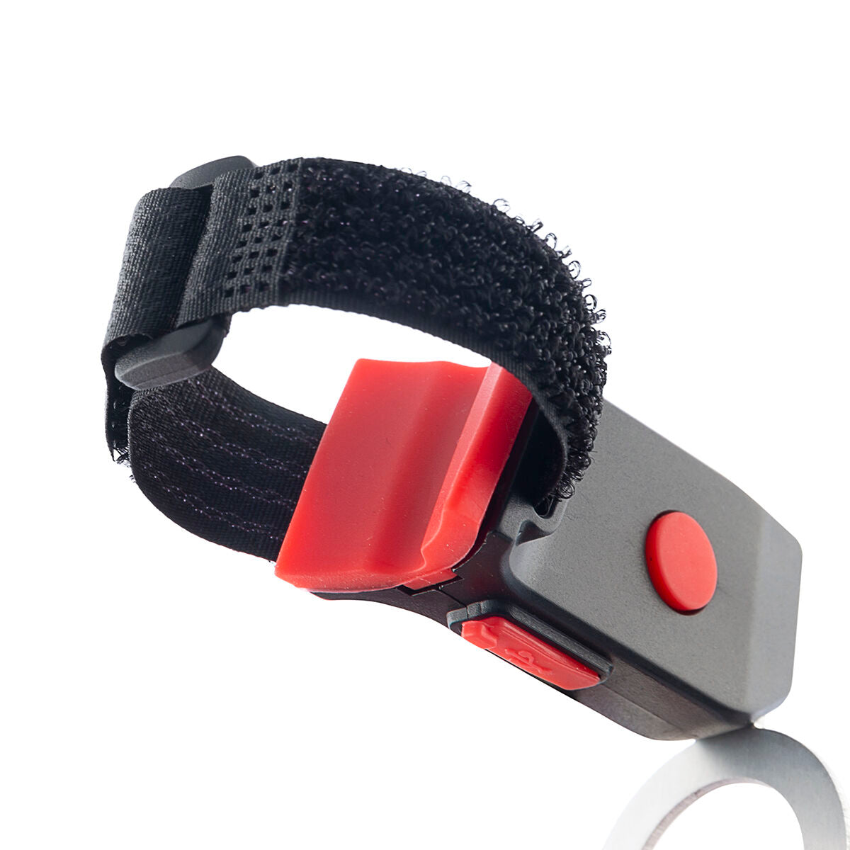 Feu arrière LED vélo, sangle noire, boîtier gris et voyant rouge rond lumineux