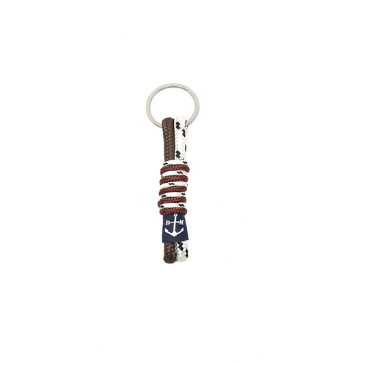 Porte-clés en corde nautique brune avec anneau métal argent et écusson ancre bleu
