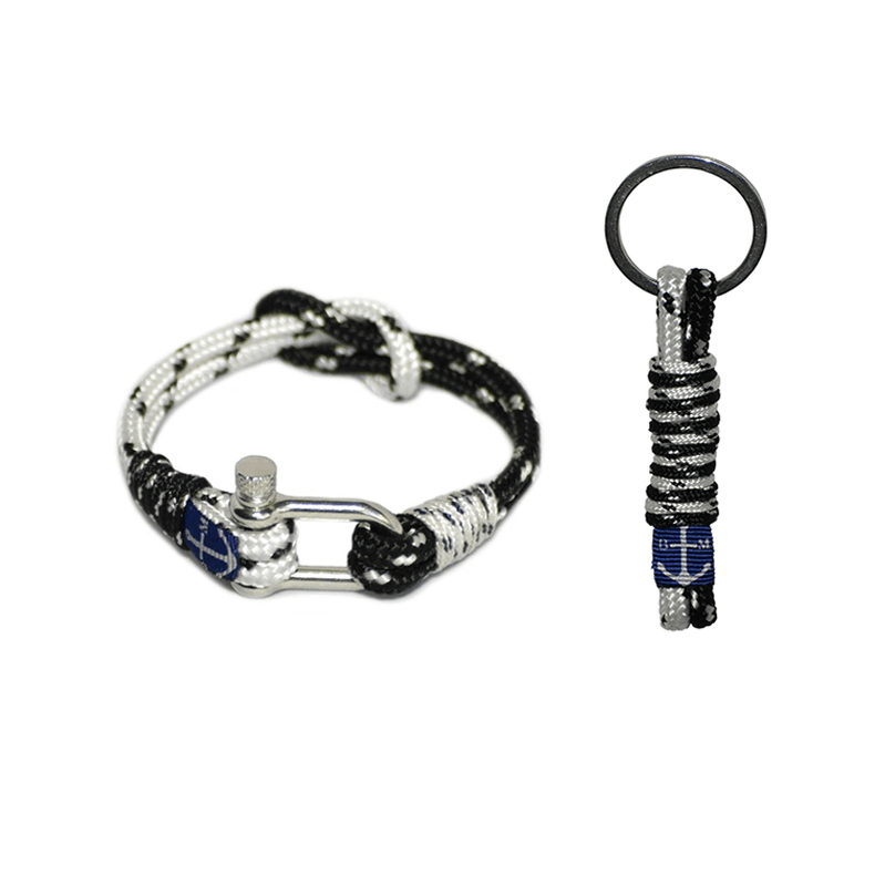 Ensemble bracelet en corde marine et porte-clés, noir, blanc et bleu.