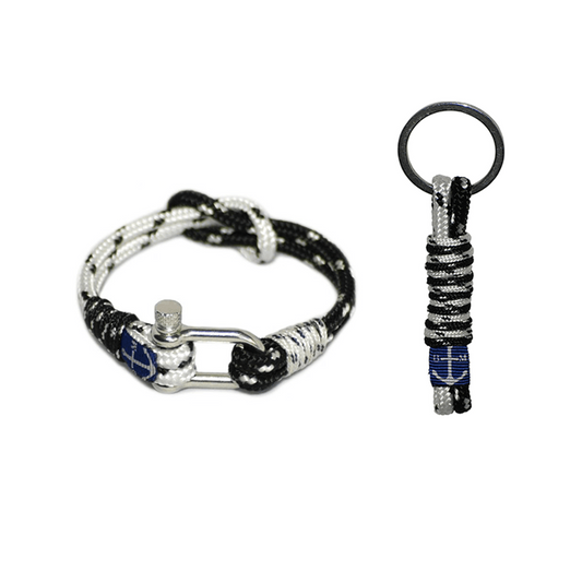 Ensemble bracelet en corde marine et porte-clés, noir, blanc et bleu.