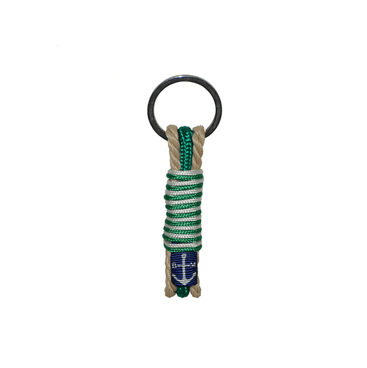 Porte-clés en corde tressée vert et beige avec anneau noir