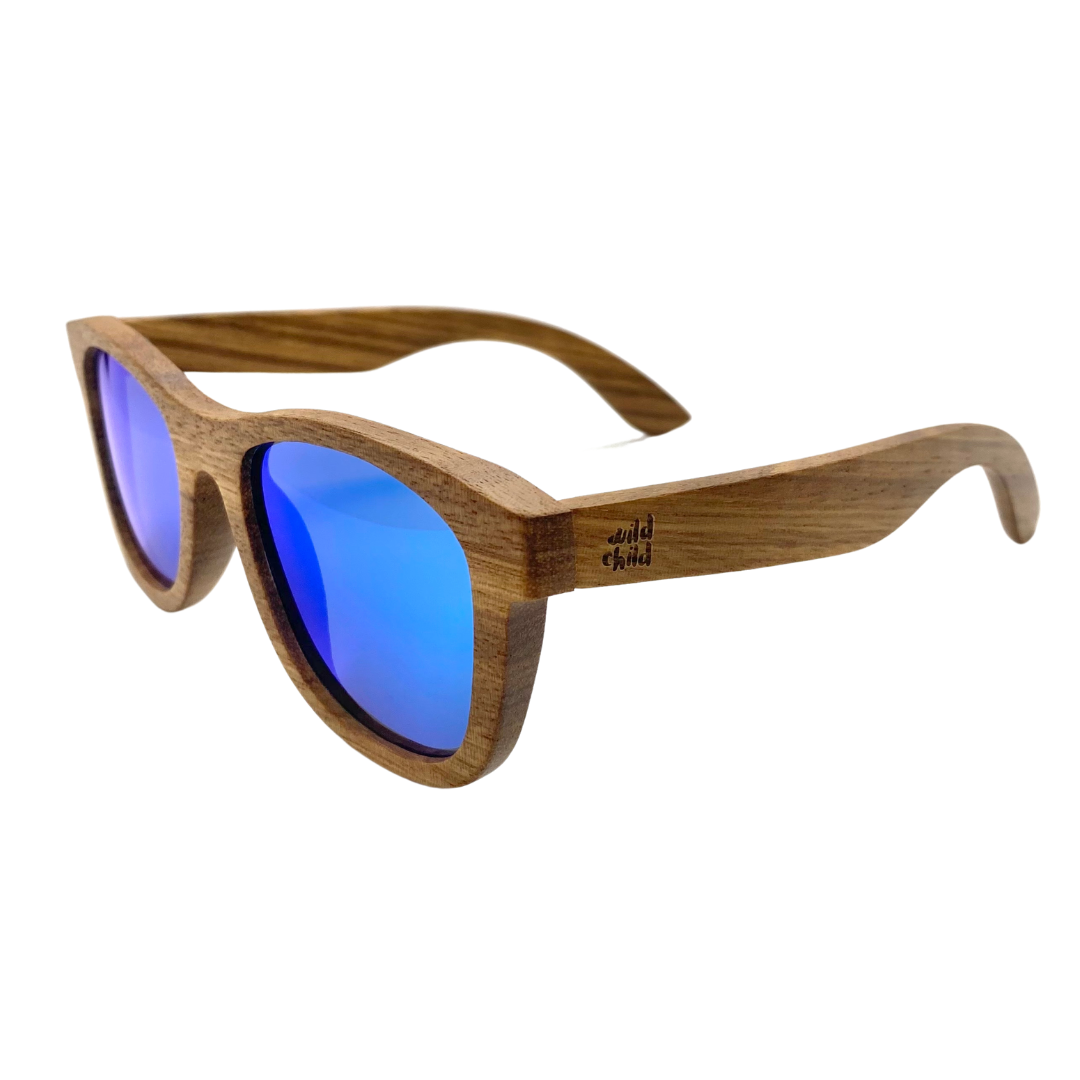 Lunettes enfant en bois, verres bleus miroir, monture flottante