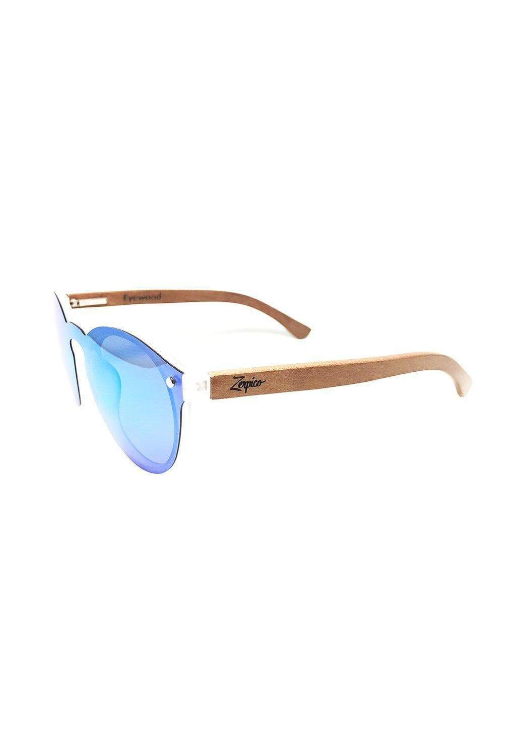 Lunettes de soleil monture blanche, verres bleus polarisés, branches bois