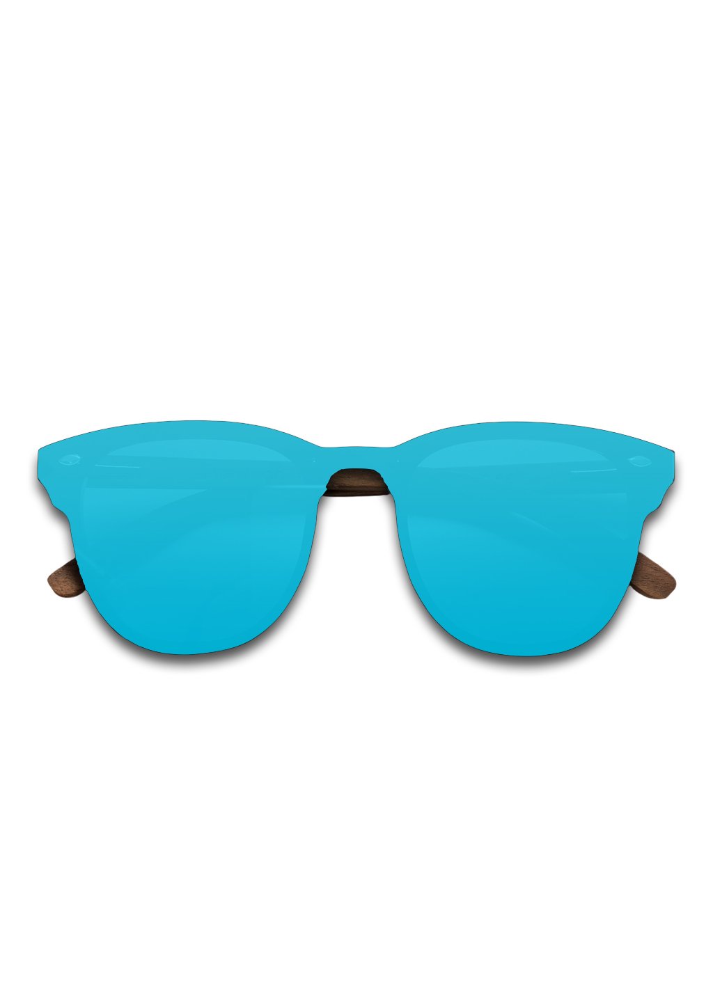 Lunettes de soleil à monture noire et verres bleus, vue de face.