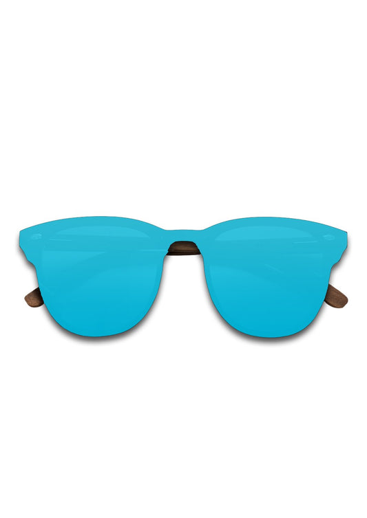 Lunettes de soleil à monture noire et verres bleus, vue de face.