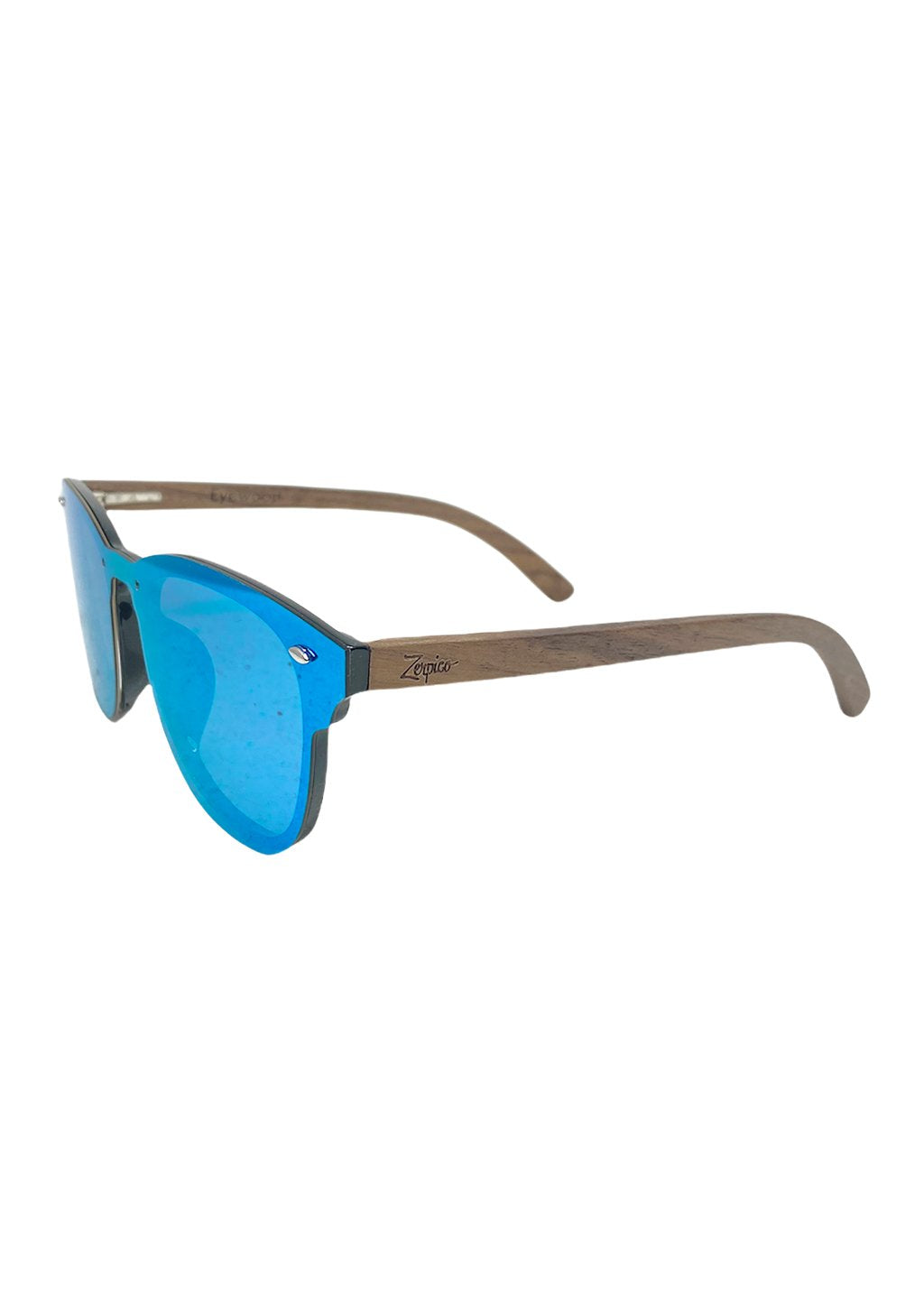 Lunettes de soleil bleues, branches beige/brun et verres bleus, vue de côté.