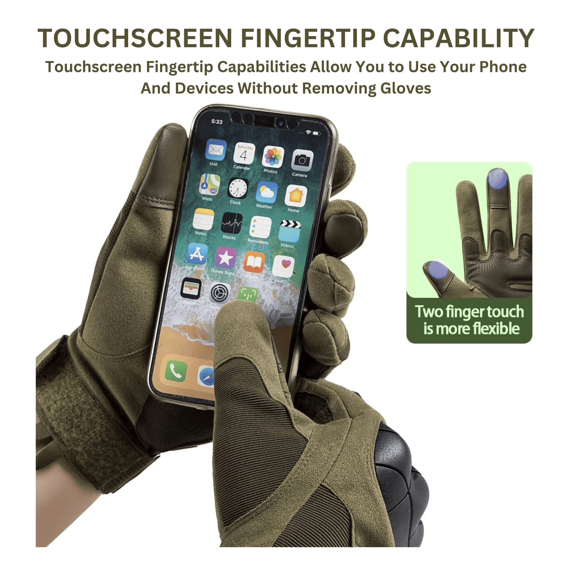 Gants tactiques JupiterGear en tissu vert olive, doigts renforcés et zones tactiles.