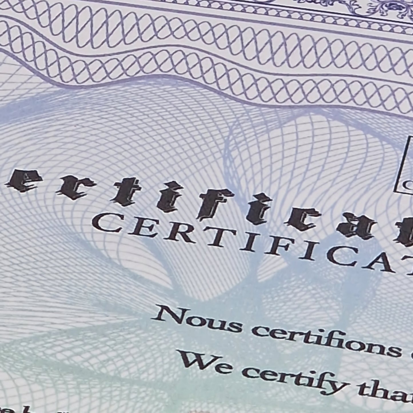 Certificat officiel sur document à motif, avec le mot « CERTIFICAT ».