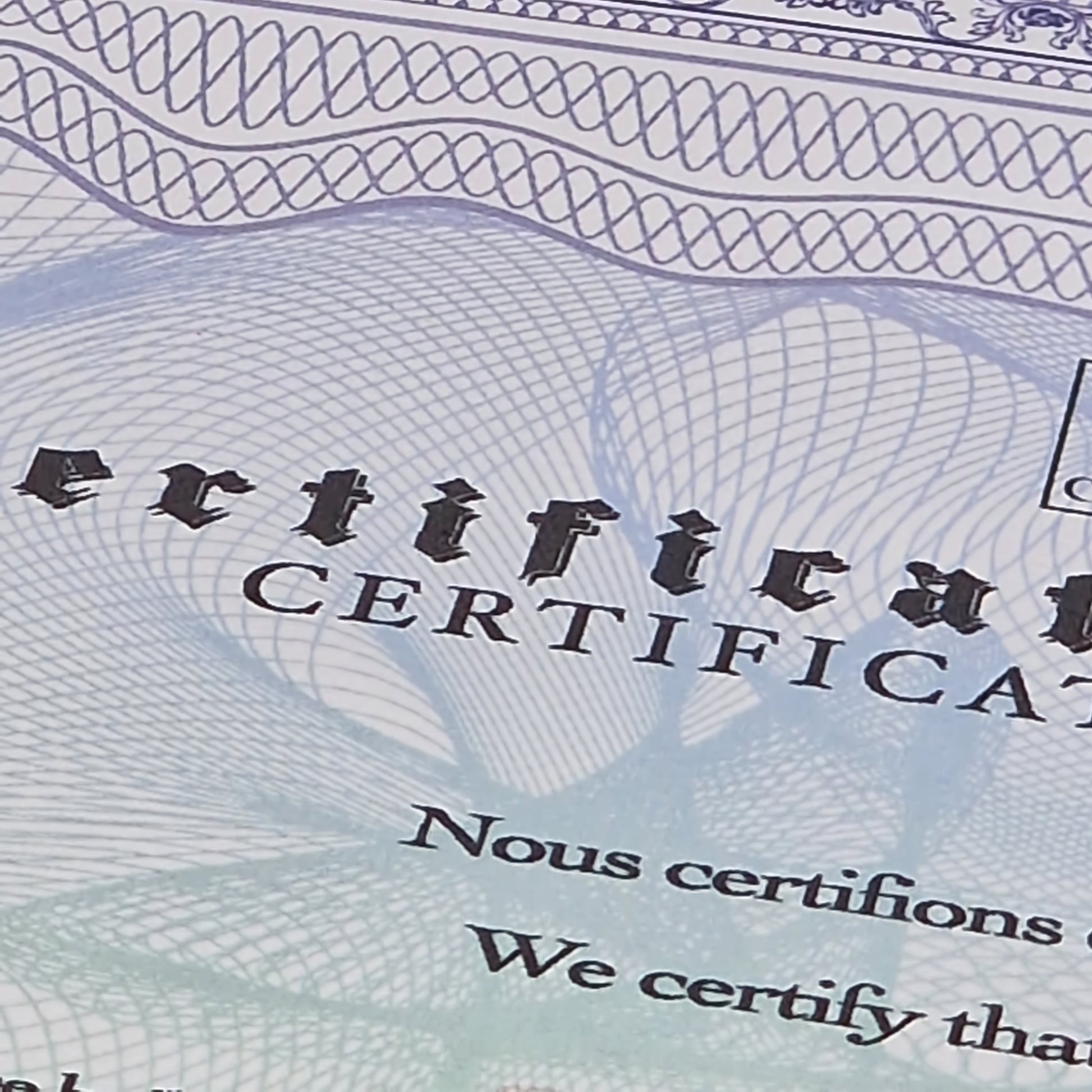 Certificat officiel sur document à motif, avec le mot « CERTIFICAT ».