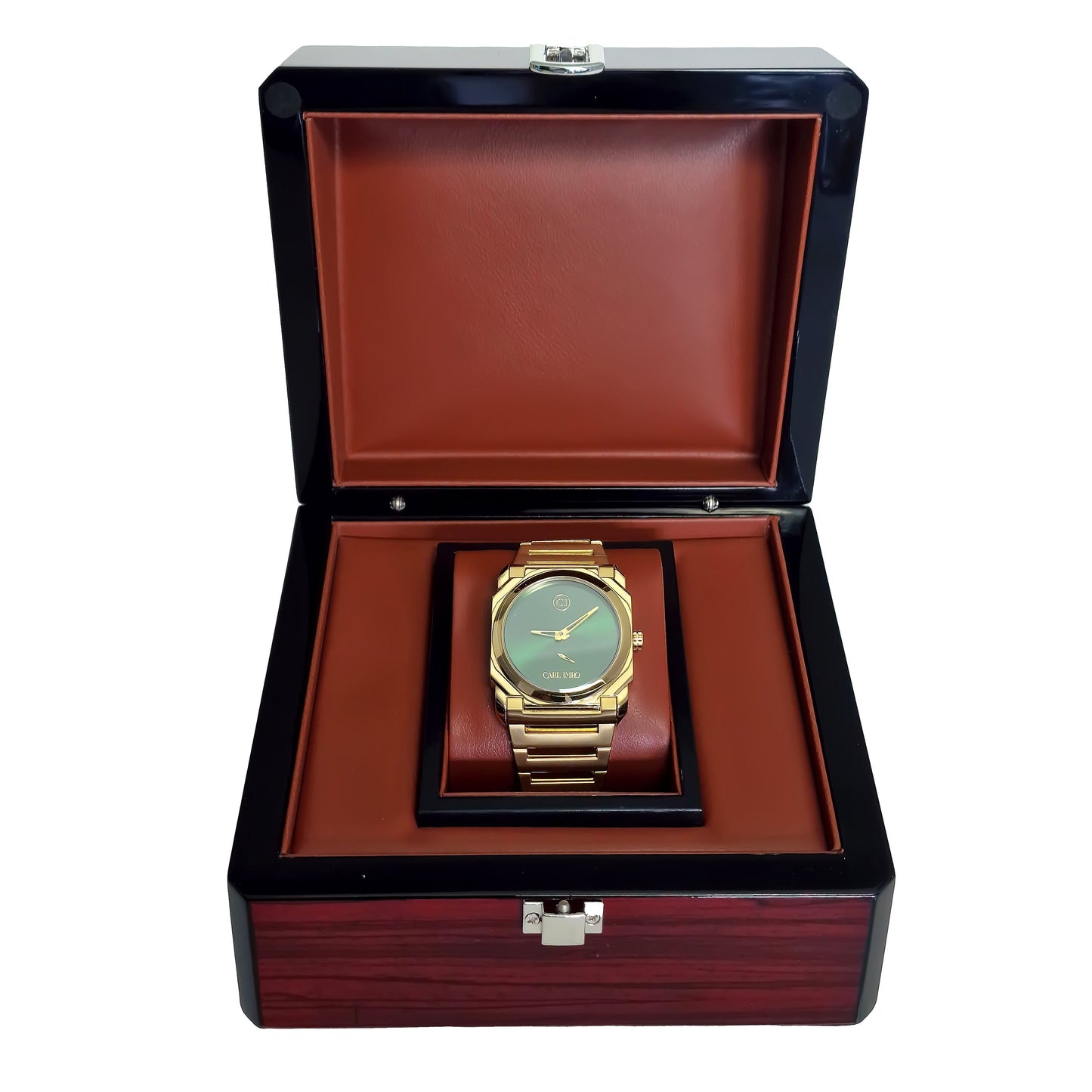 Montre-bracelet en acier doré dans son coffret, cadran vert et coussin rouge.