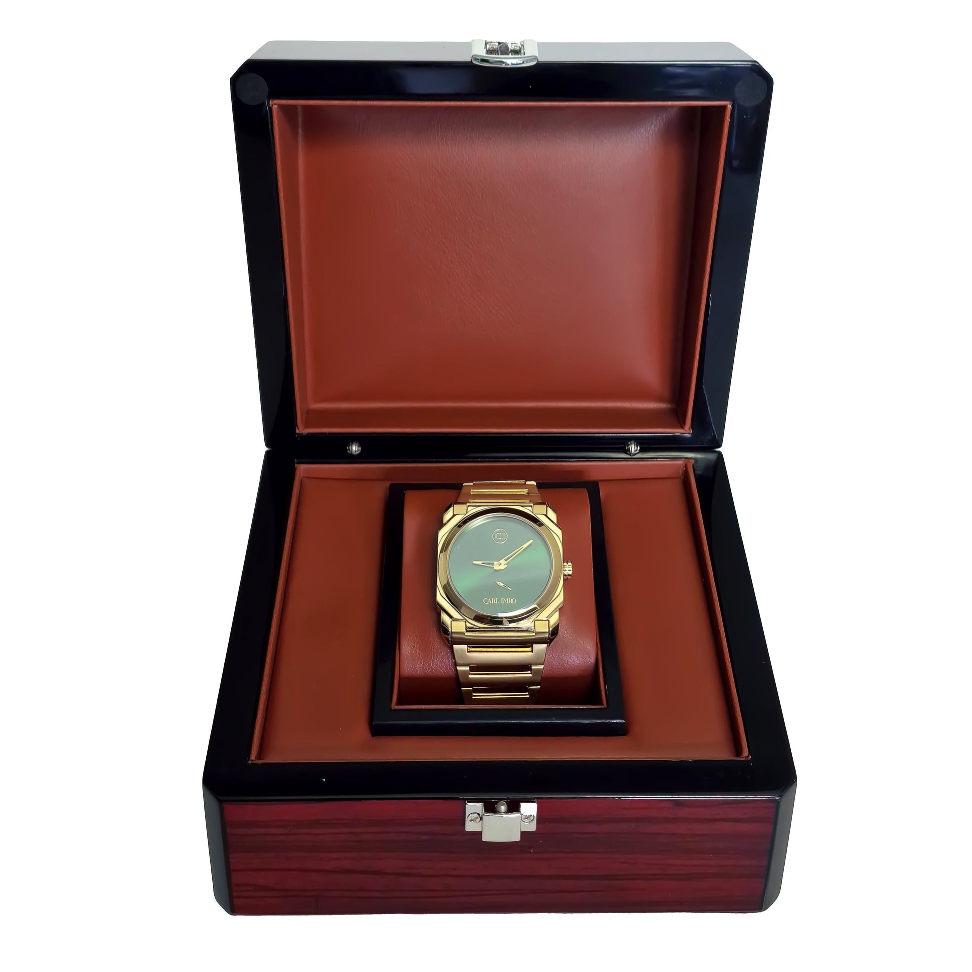 Montre-bracelet en acier doré dans son coffret, cadran vert et coussin rouge.