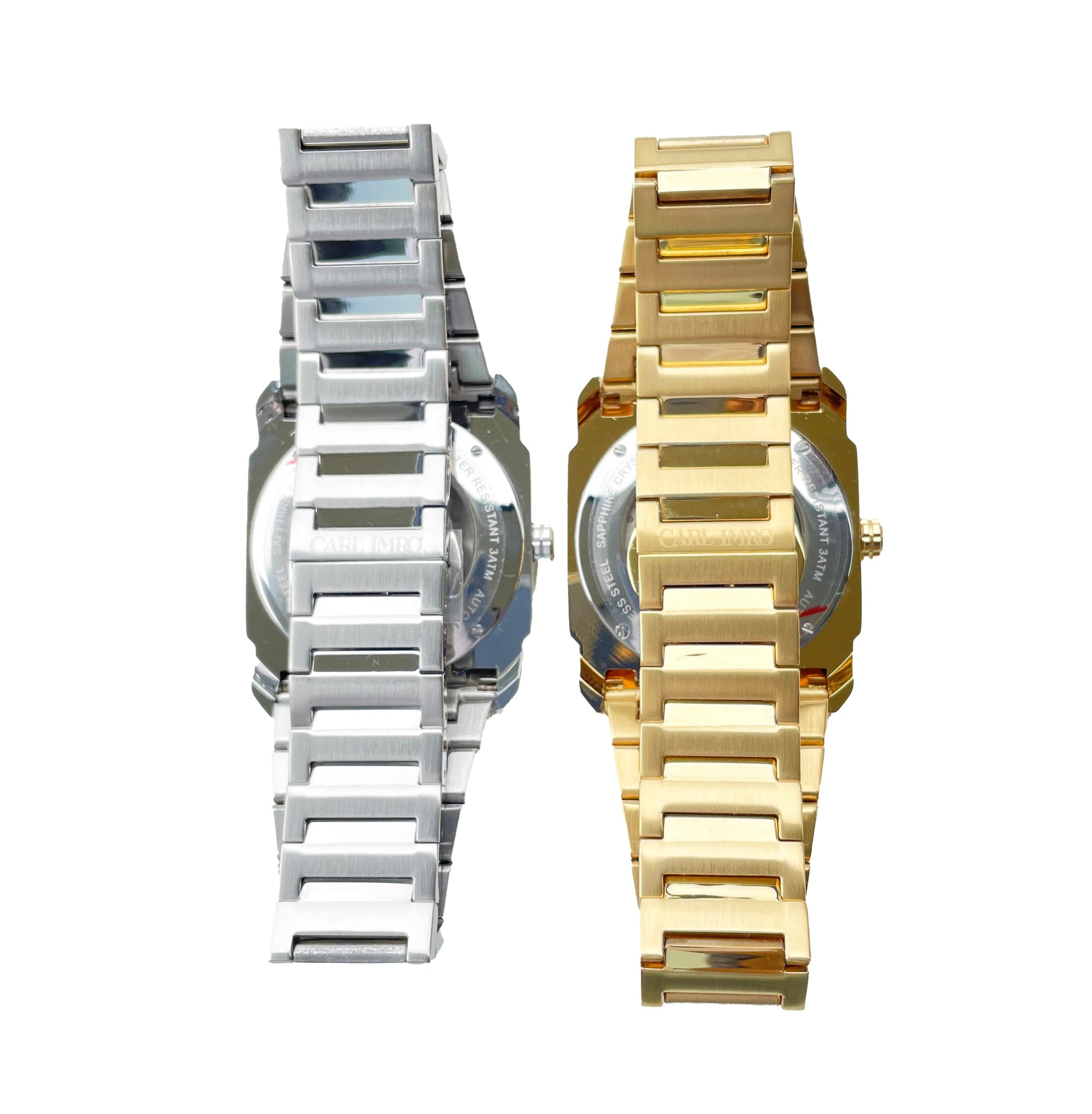 Paires de montres : bracelets en acier argenté et acier doré, maillons alignés
