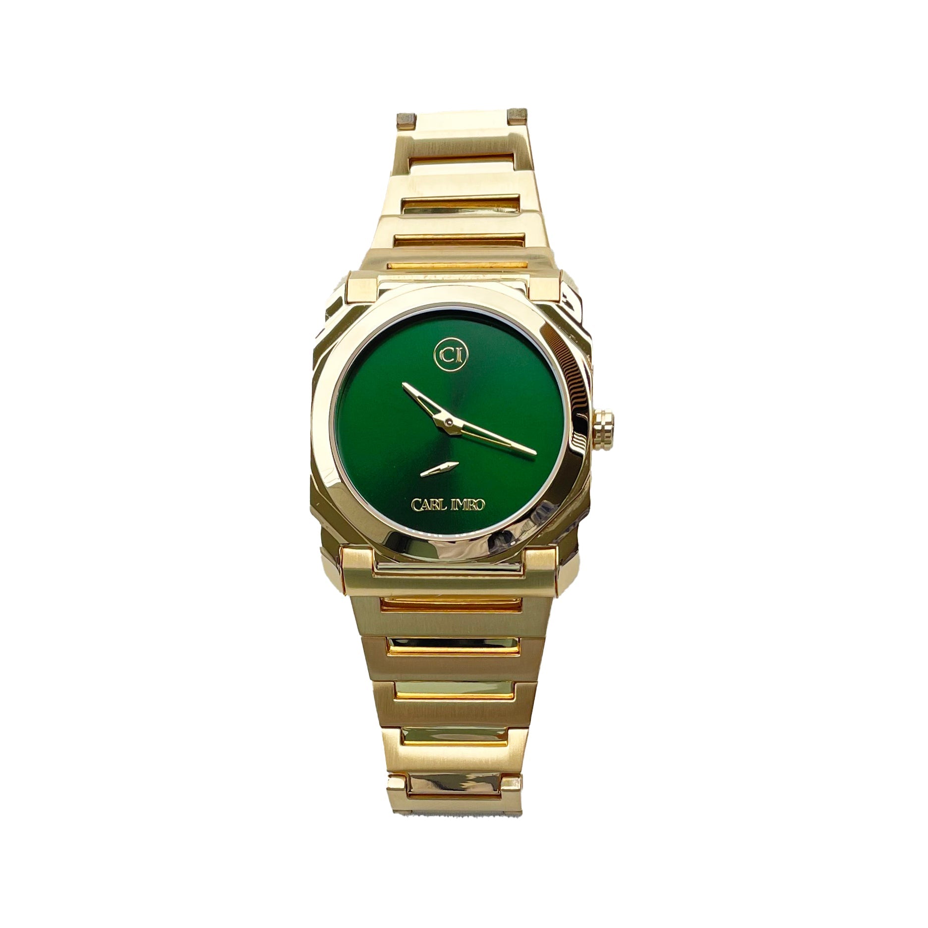 Montre-bracelet acier doré, cadran vert avec logo, boîtier octogonal, bracelet fin.
