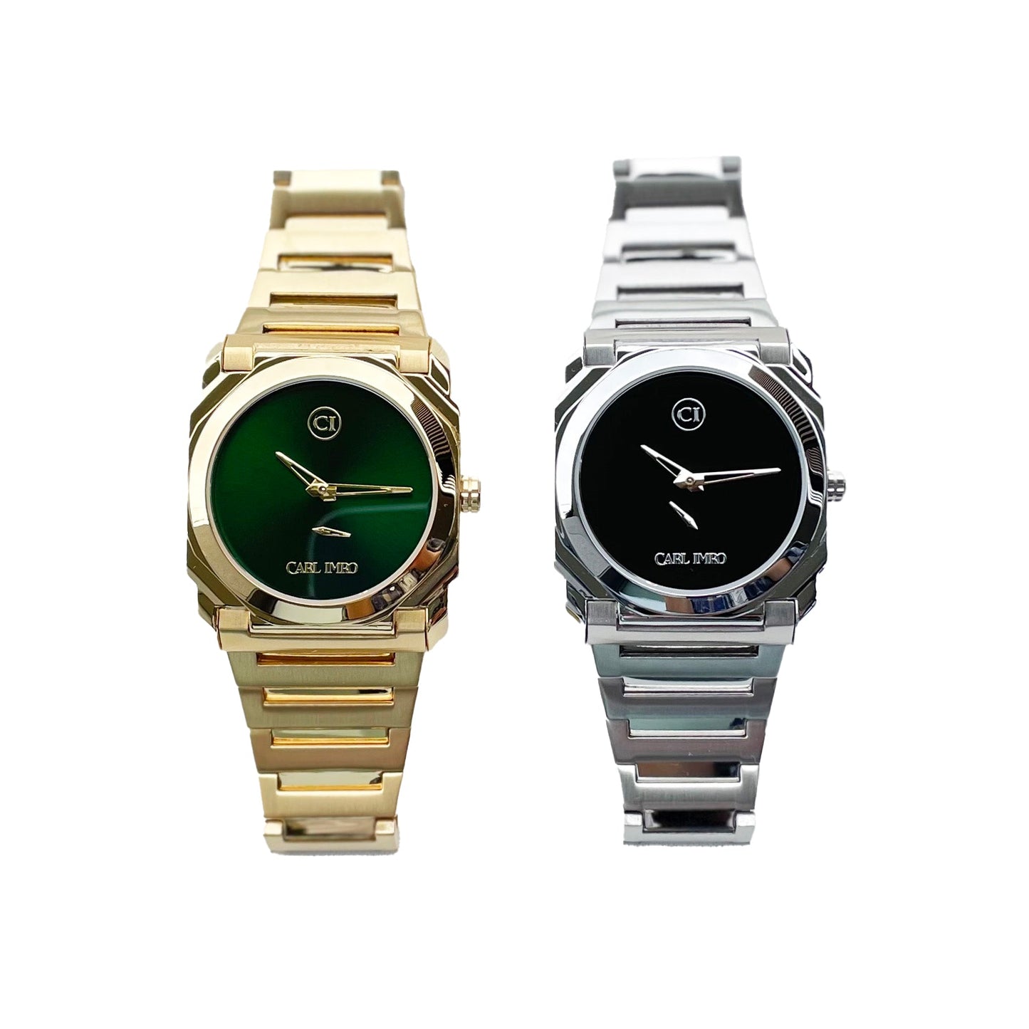 Montre-bracelet homme avec bracelet acier doré, cadran vert et cadran noir sur vue jumelle