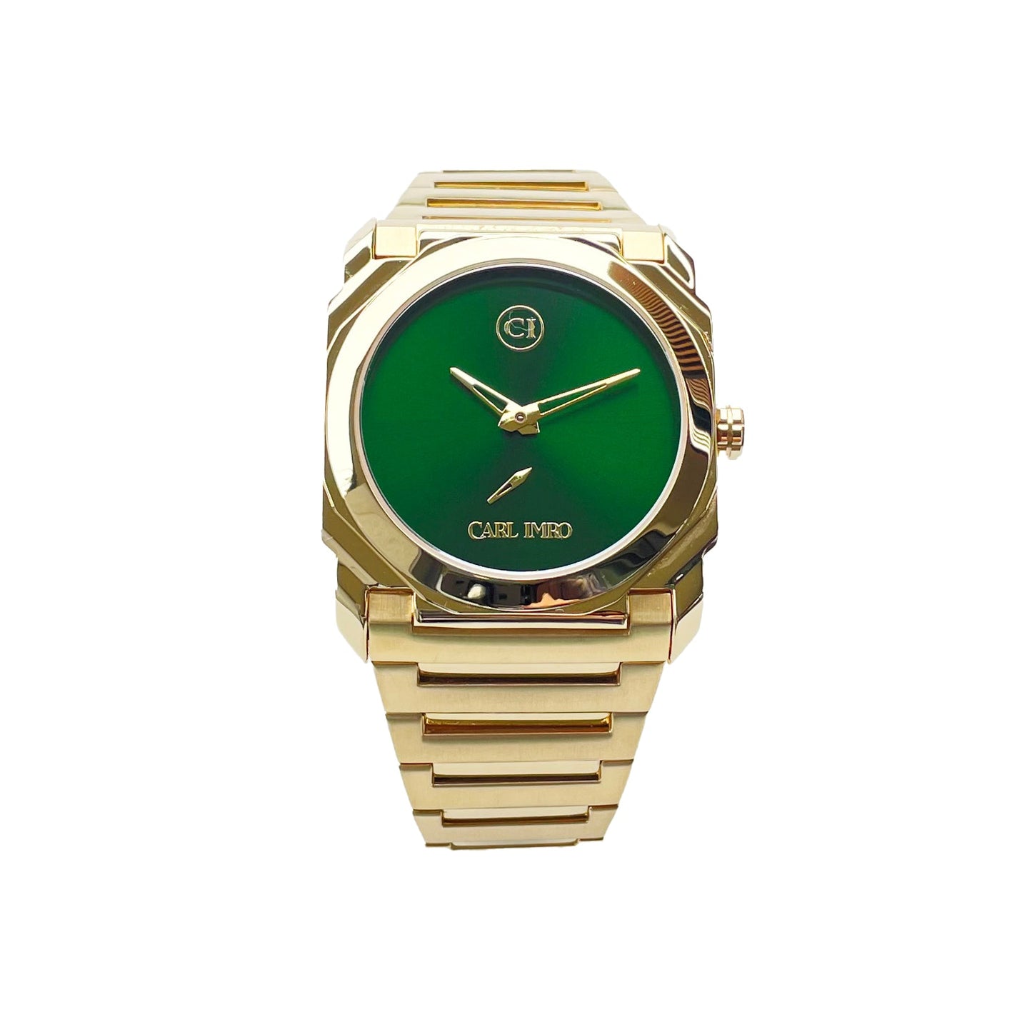 Montre-bracelet homme acier doré, cadran vert, aiguilles dorées, boîtier rectangulaire.