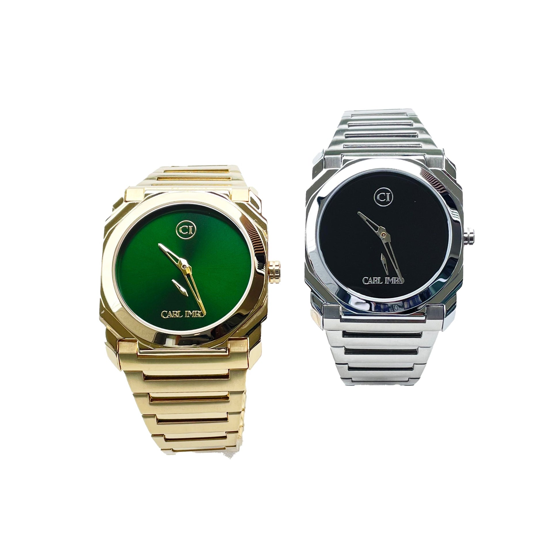 Montre-bracelet homme : cadran vert sur acier doré et cadran sombre sur acier argenté