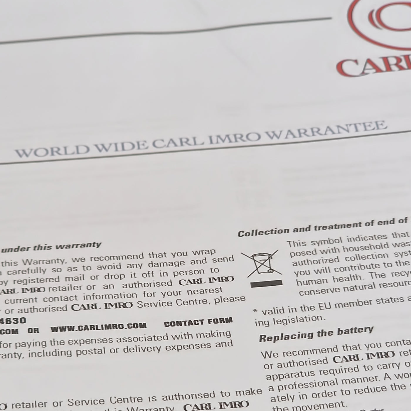 Carte de garantie « World Wide Carl Imro Warranty » avec informations sur la pile.