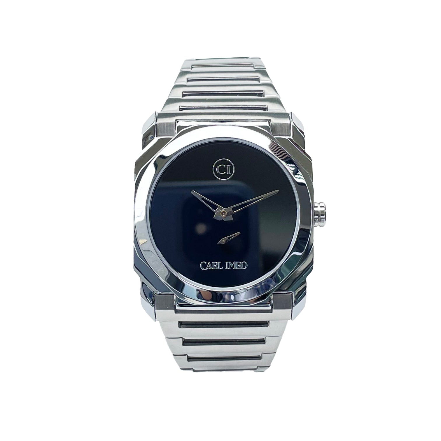 Montre homme bracelet argenté, boîtier rond, cadran bleu foncé avec aiguilles