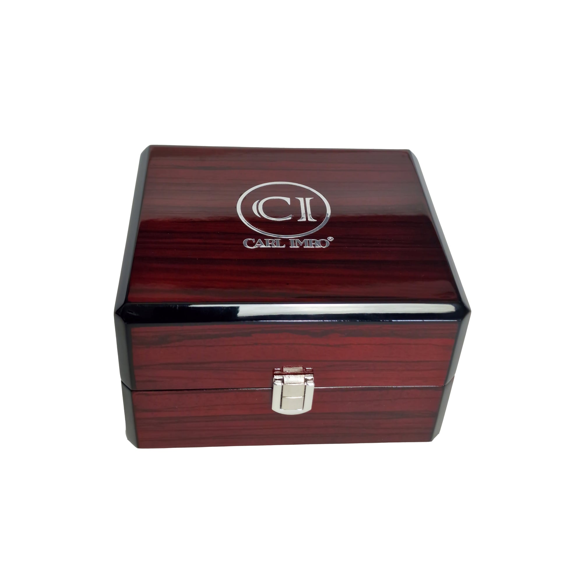 Boîte à montre en bois rouge sombre avec fermoir et logo