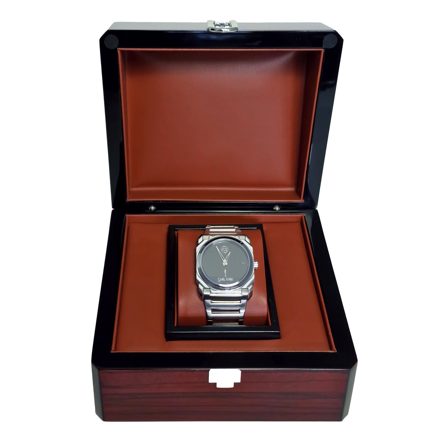 Boîte à montre ouverte avec montre argentée à cadran noir dans le support