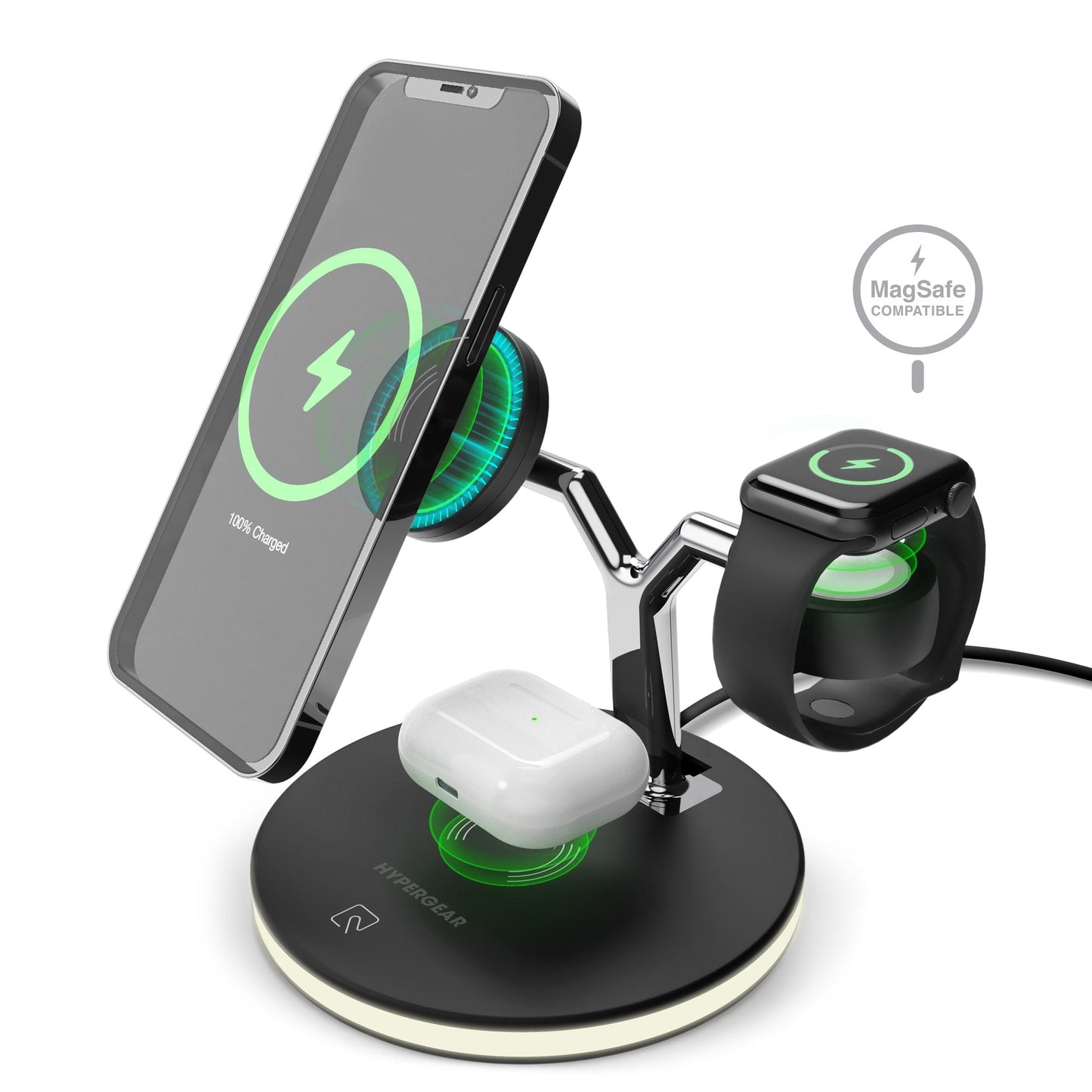 Station de charge 3-en-1 noire avec support montre et socle LED, vue de face.