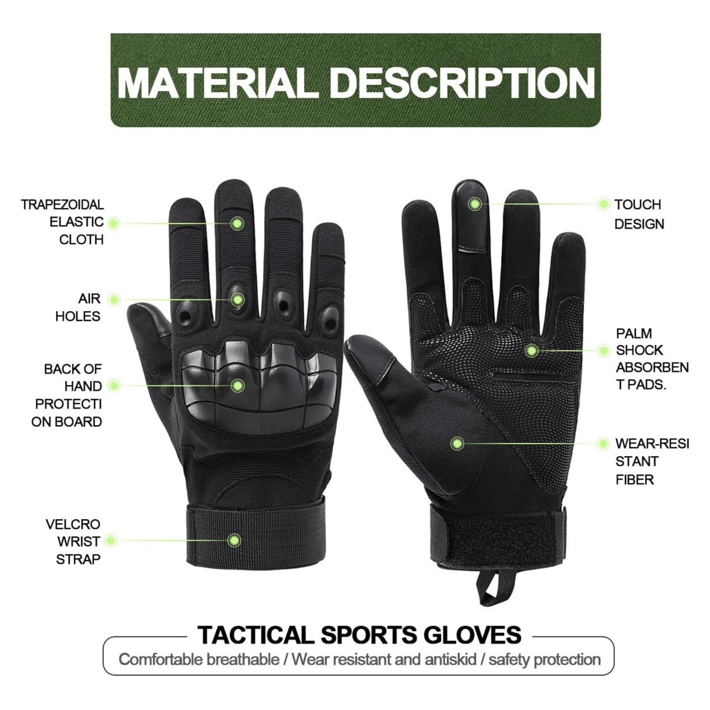 Gants tactiques noirs avec renforts sur paume, doigts et poignets à scratch