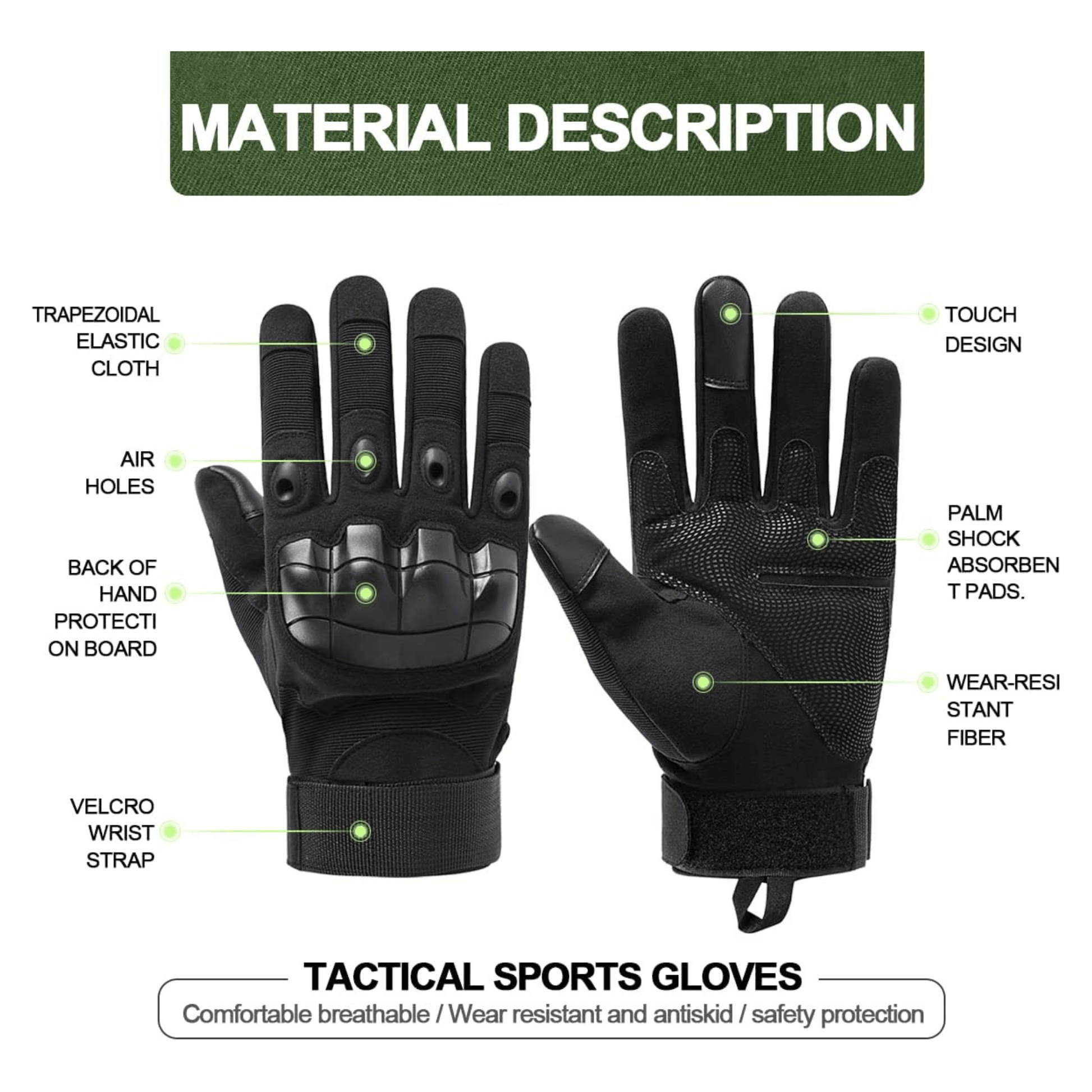 Gants tactiques noirs, trous d’aération, velcro au poignet et coussinets d’impact