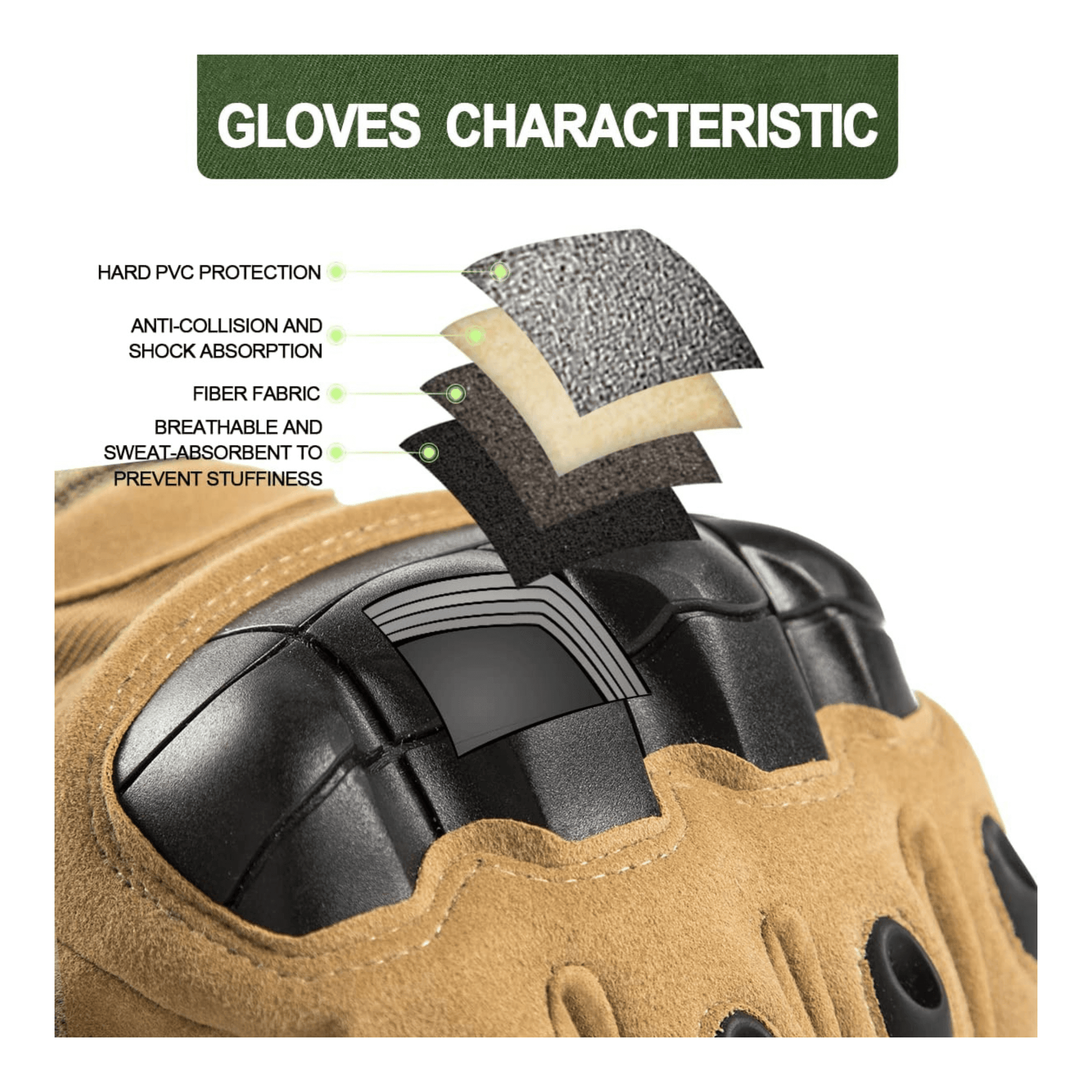 Gant tactique beige avec capuchon de protection noir sur les jointures et surpiqûres renforcées.