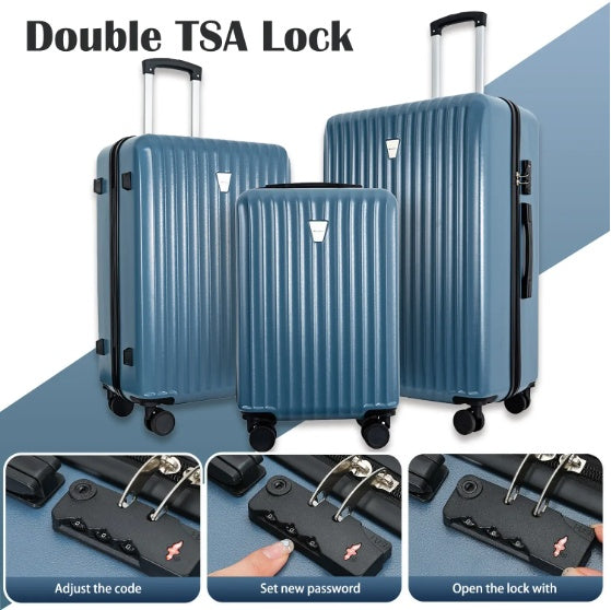 Ensemble de 3 valises rigides bleues, poignées télescopiques, roues 360°, serrures TSA