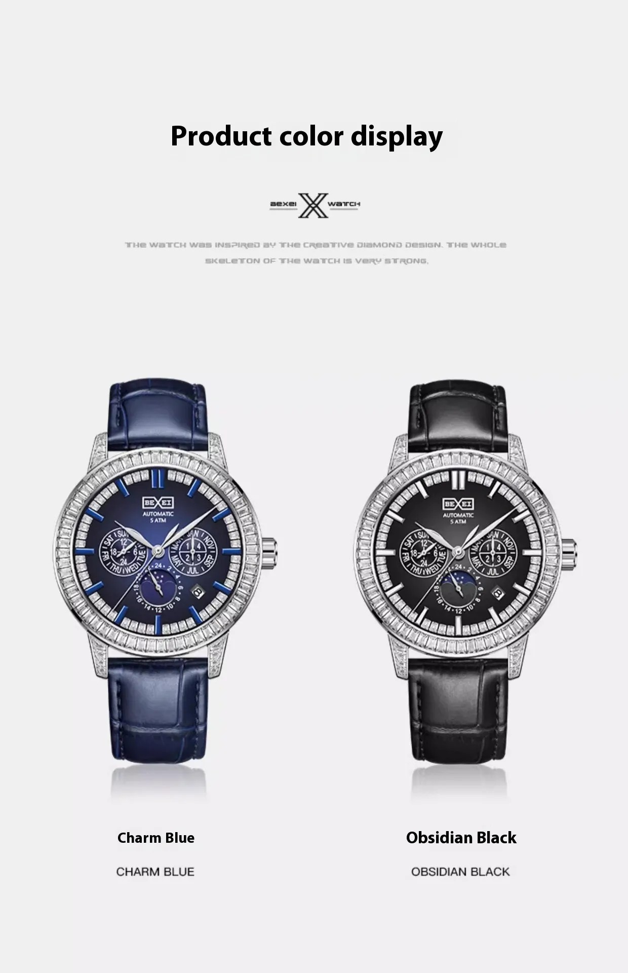 Comparatif couleurs : Charm Blue et Obsidian Black, montre BEXEI®